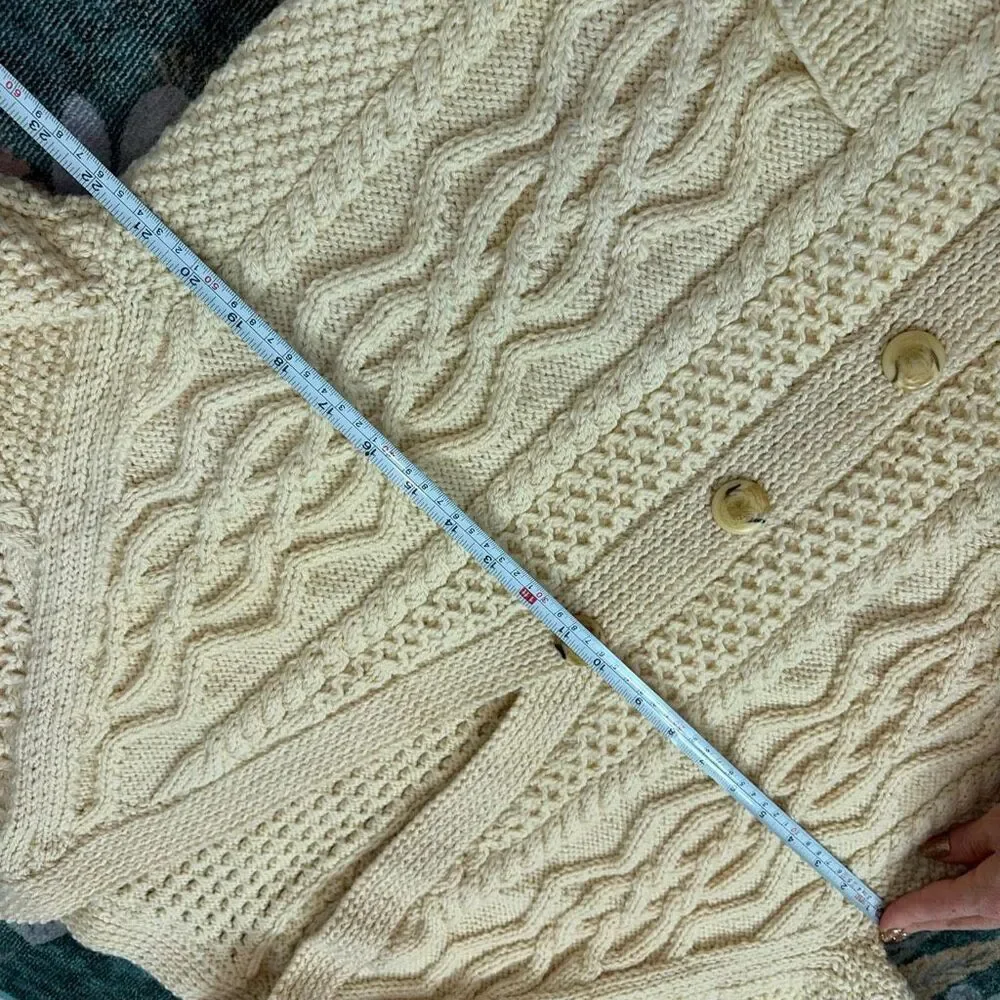 Vintage Handmade Wool Sweater Womens Large Cream Cable Knit Cardigan V-Neck